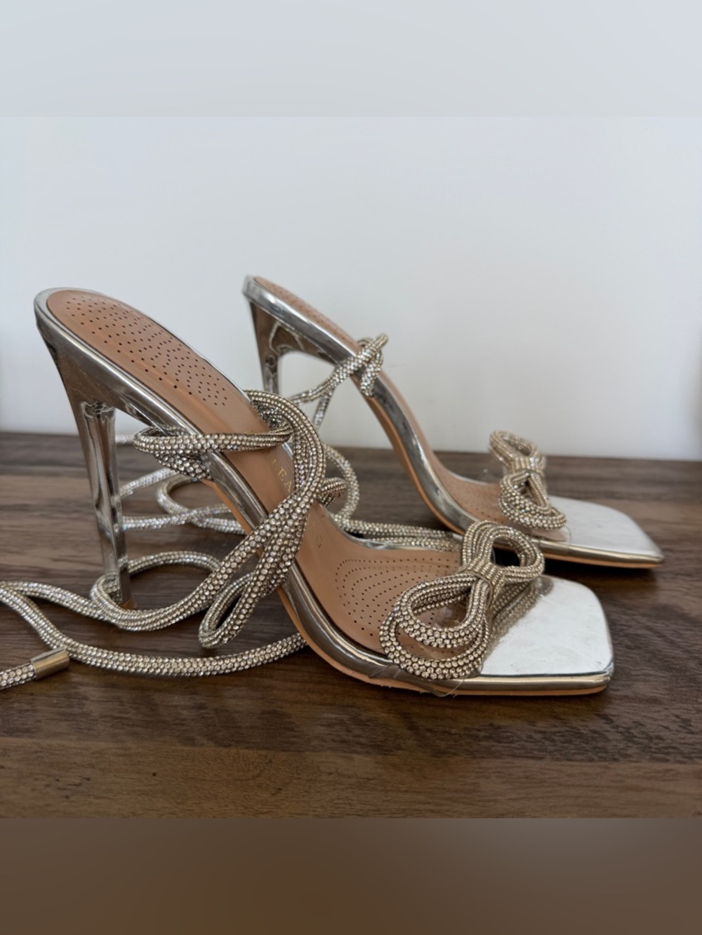 Azalea Wang Rhinestone Silver Wrap Heels - 8.5